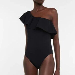 Karla Colletto Sculpt Black One Shoulder Ruffle Trim One Piece Swimsuit Size 6